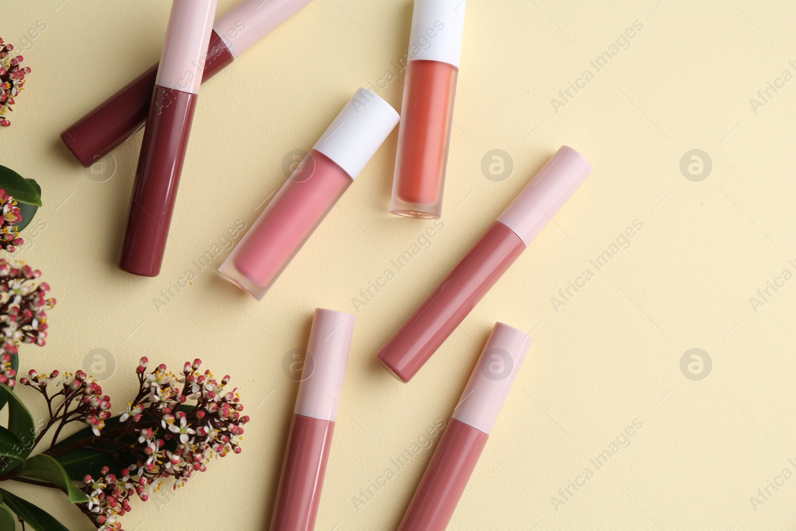 Photo of Different lip glosses and flowers on pale yellow background, flat lay. Space for text