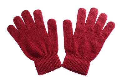 Photo of Woolen gloves on white background, flat lay. Winter clothes