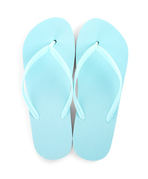 Light blue flip flops isolated on white, top view. Beach accessory