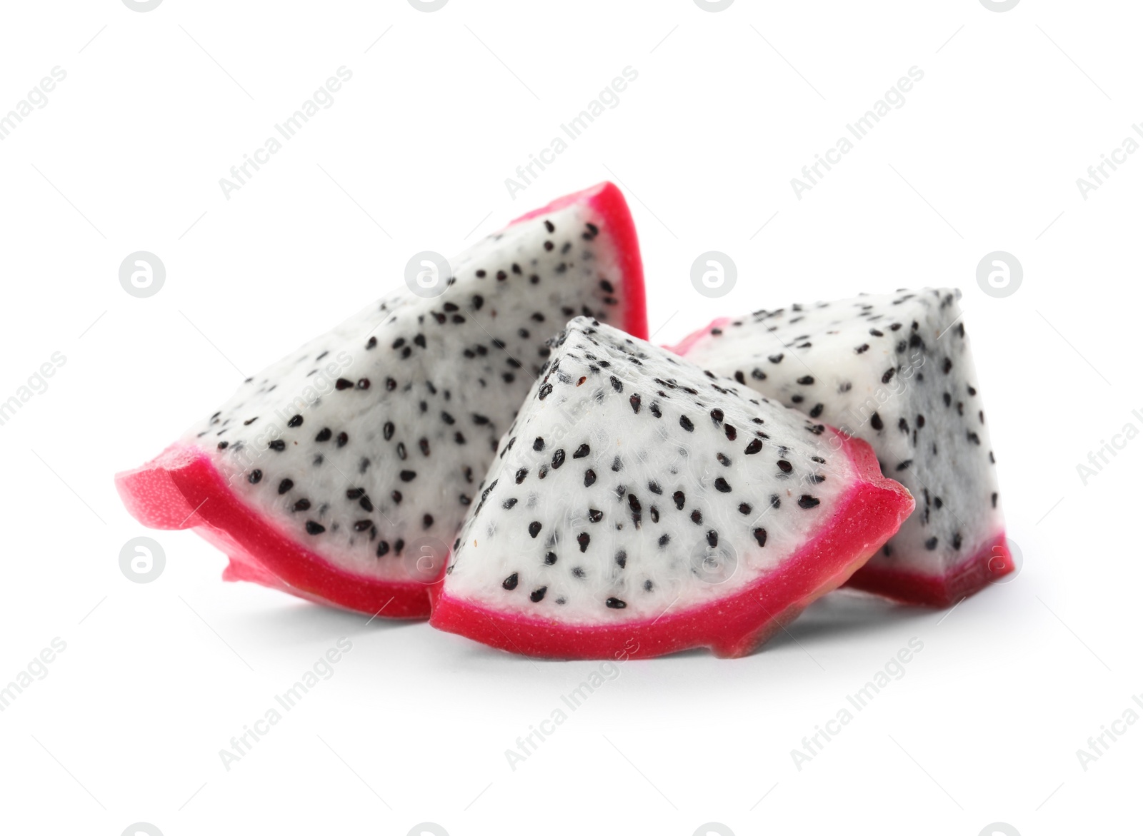 Photo of Slices of delicious pitahaya fruit on white background