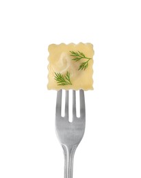 Fork with tasty ravioli isolated on white