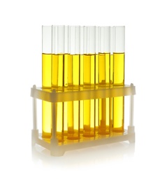 Test tubes with yellow liquid on white background