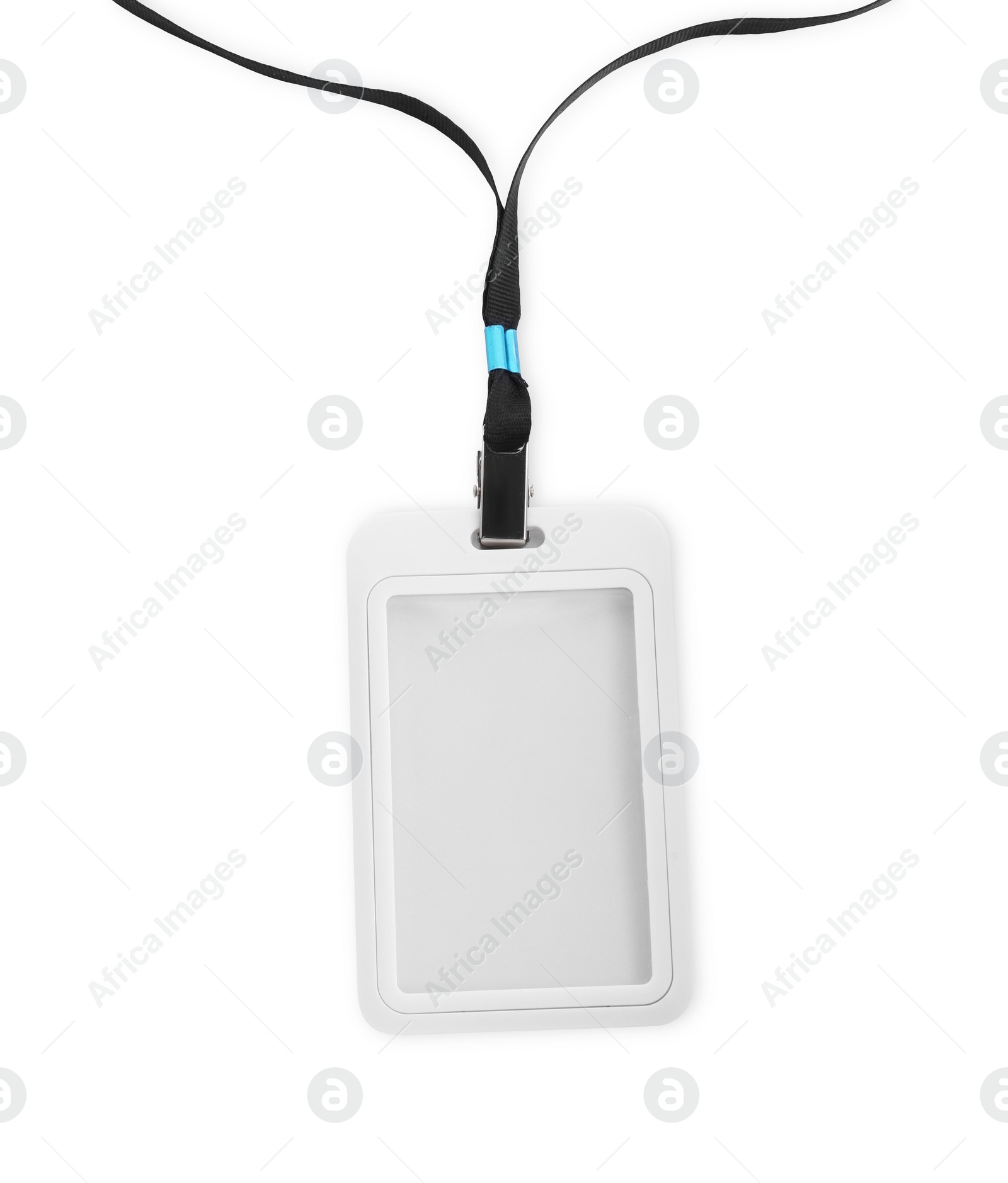 Photo of Blank badge with black string isolated on white, top view