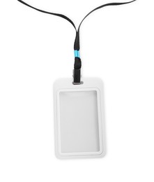 Photo of Blank badge with black string isolated on white, top view