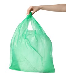 Photo of Woman holding green plastic bag isolated on white, closeup