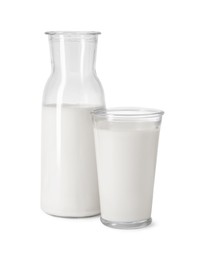 Carafe and glass of fresh milk isolated on white