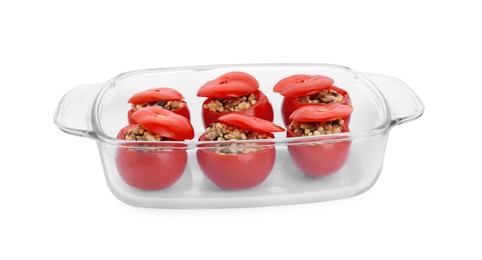 Photo of Delicious stuffed tomatoes with minced beef, bulgur and mushrooms in glass baking dish isolated on white