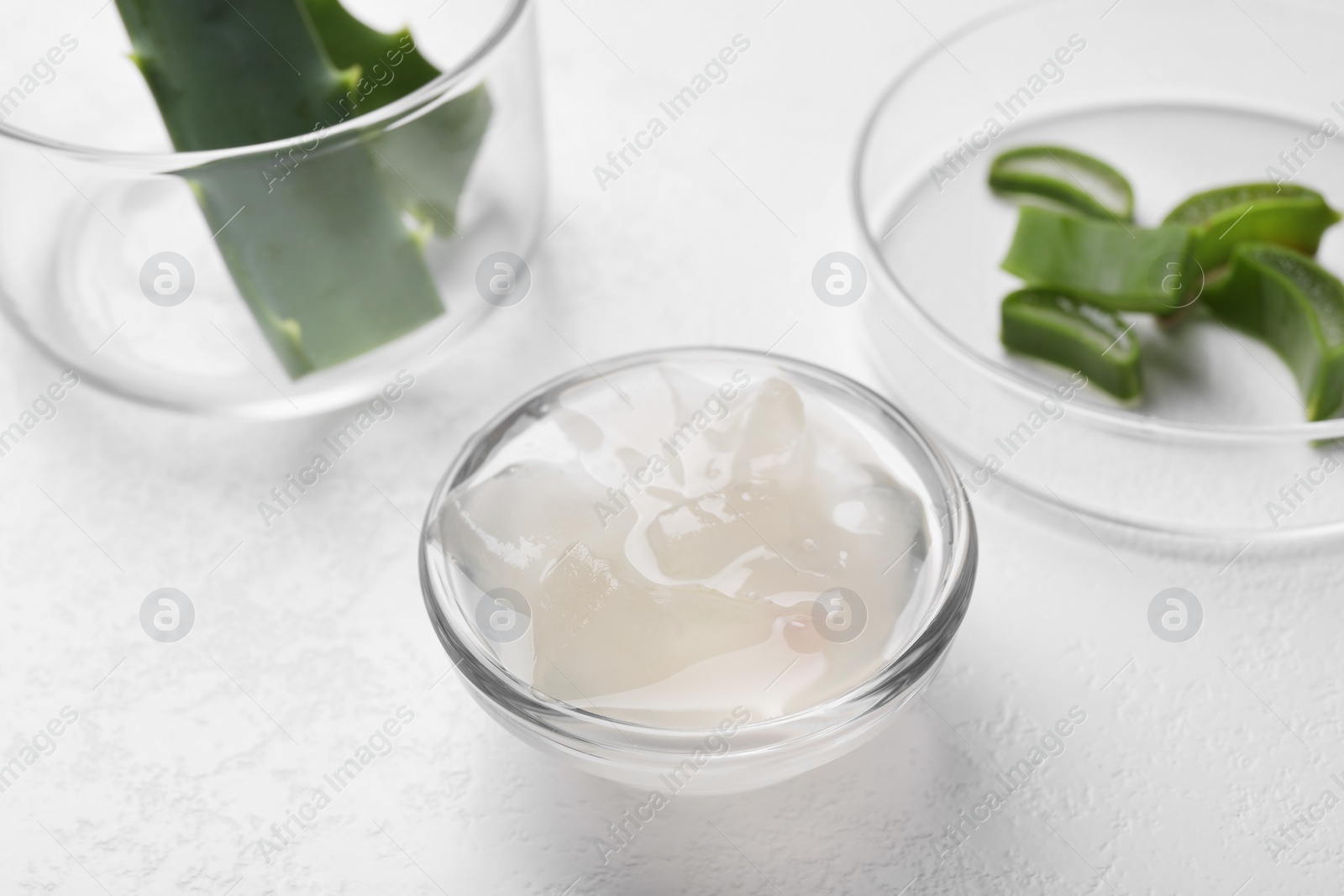 Photo of Aloe vera gel and slices of plant on white background, closeup