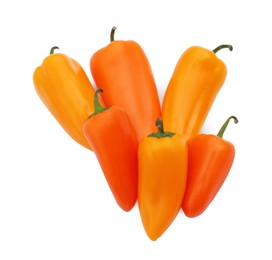 Photo of Fresh raw orange hot chili peppers isolated on white, top view