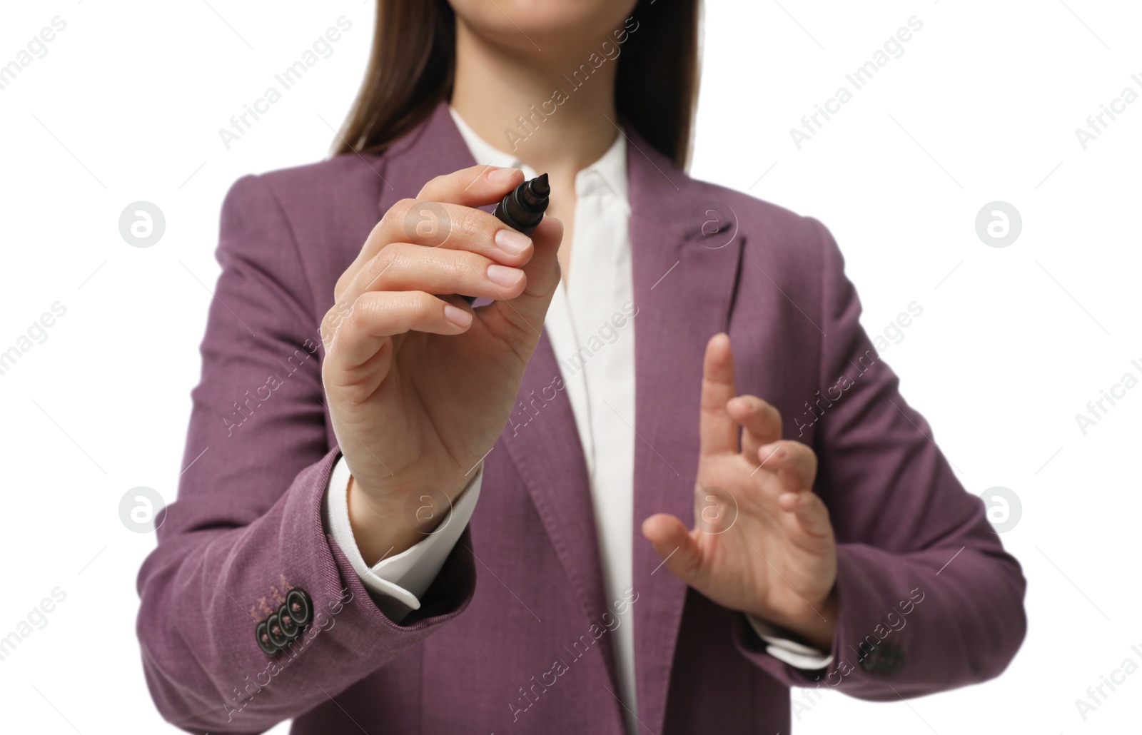 Photo of Businesswoman with marker on white background, closeup