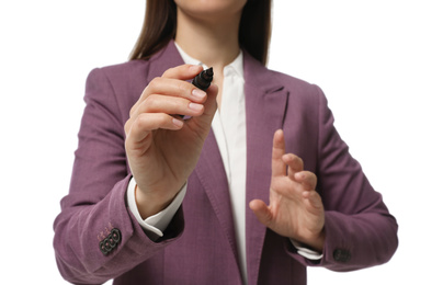 Photo of Businesswoman with marker on white background, closeup