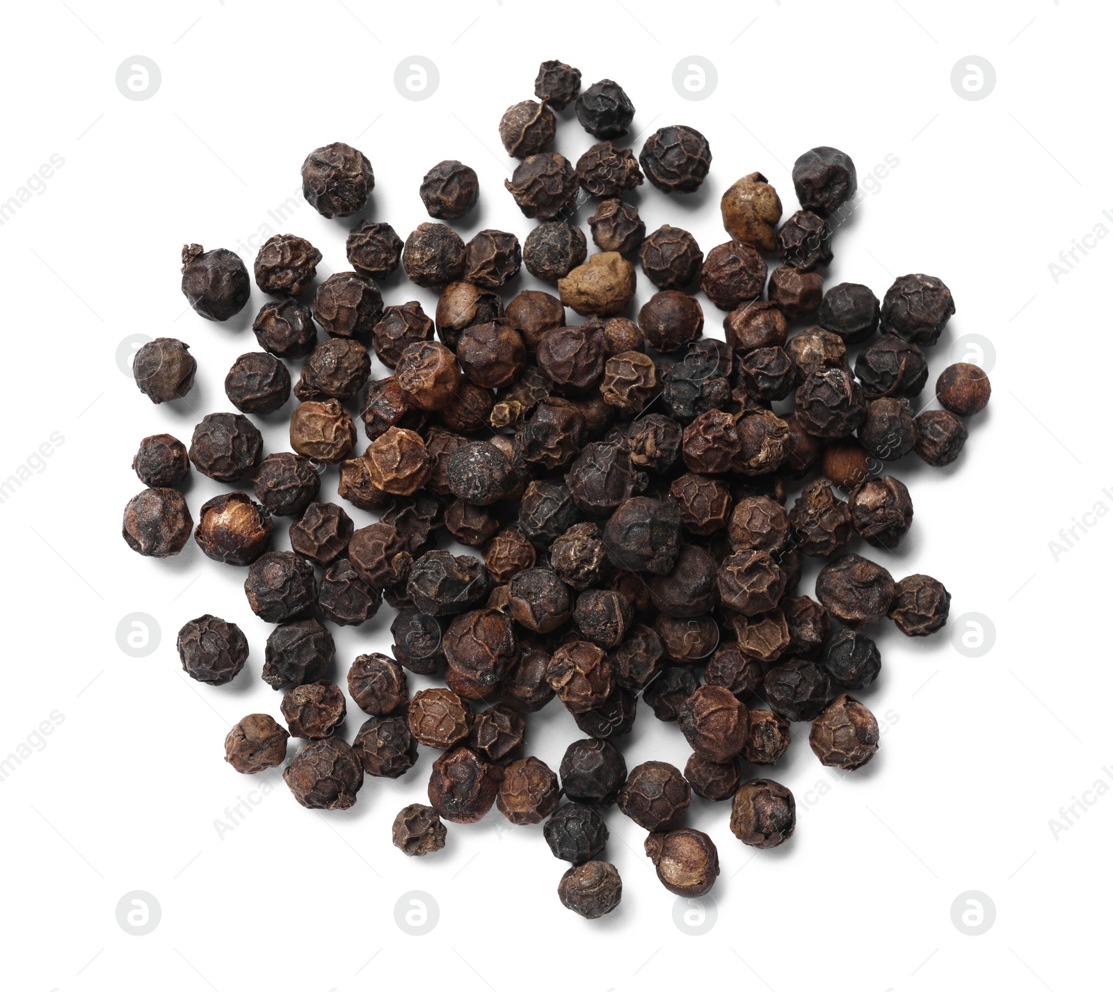 Photo of Aromatic spice. Many black dry peppercorns isolated on white, top view