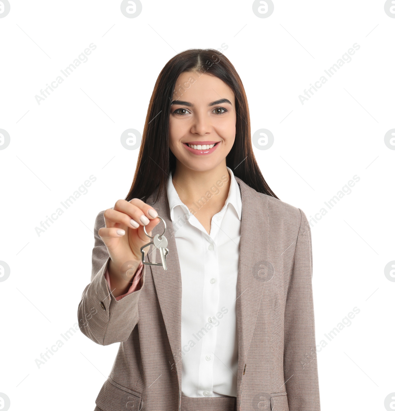 Photo of Real estate agent holding key on white background