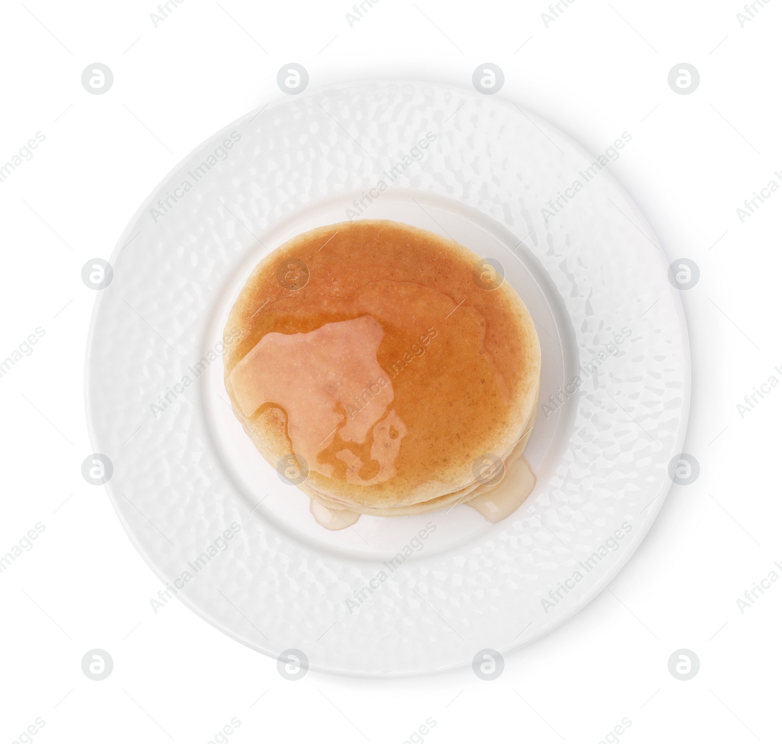 Photo of Delicious pancakes with honey isolated on white, top view