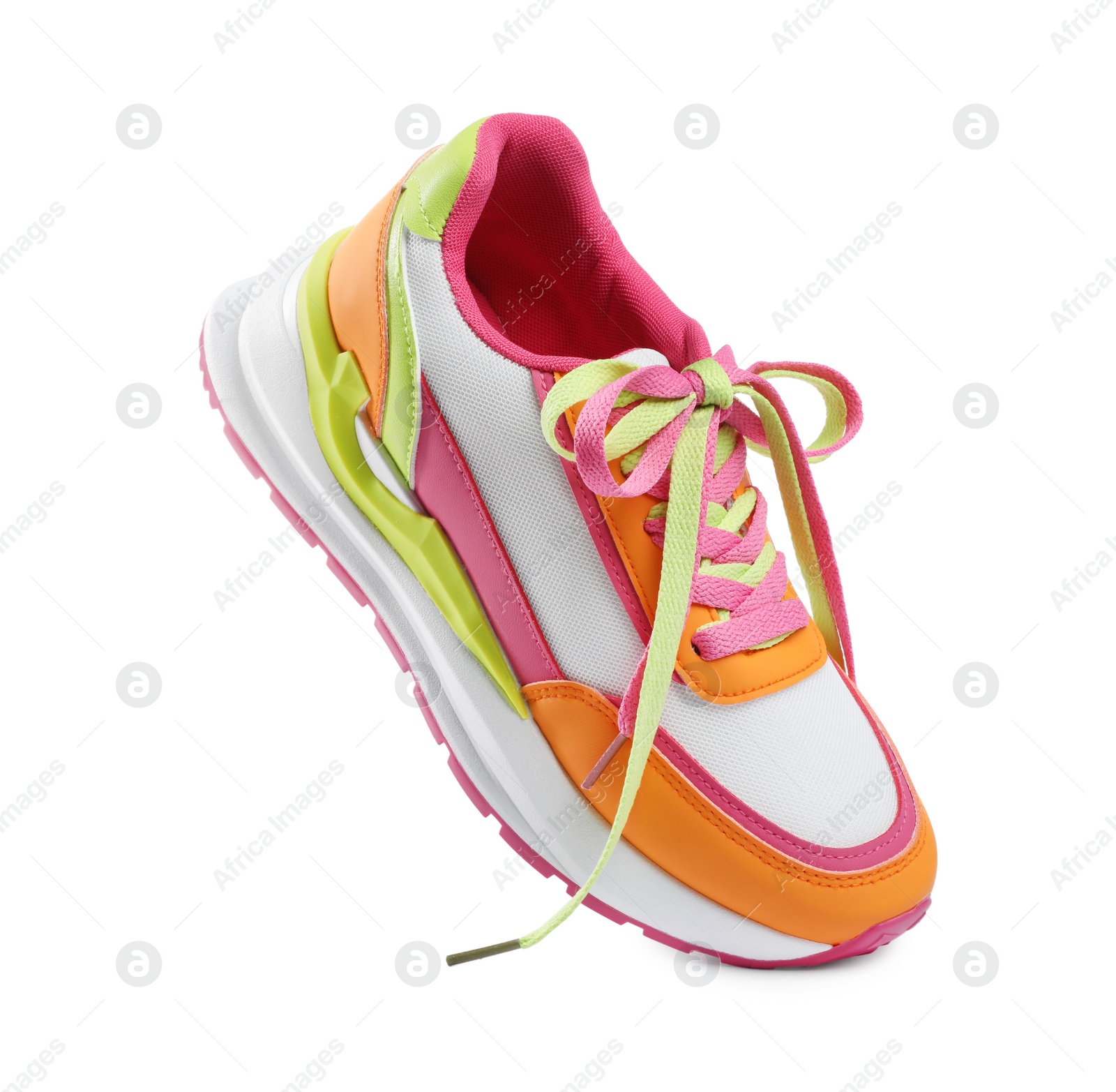 Photo of One stylish colorful sneaker isolated on white