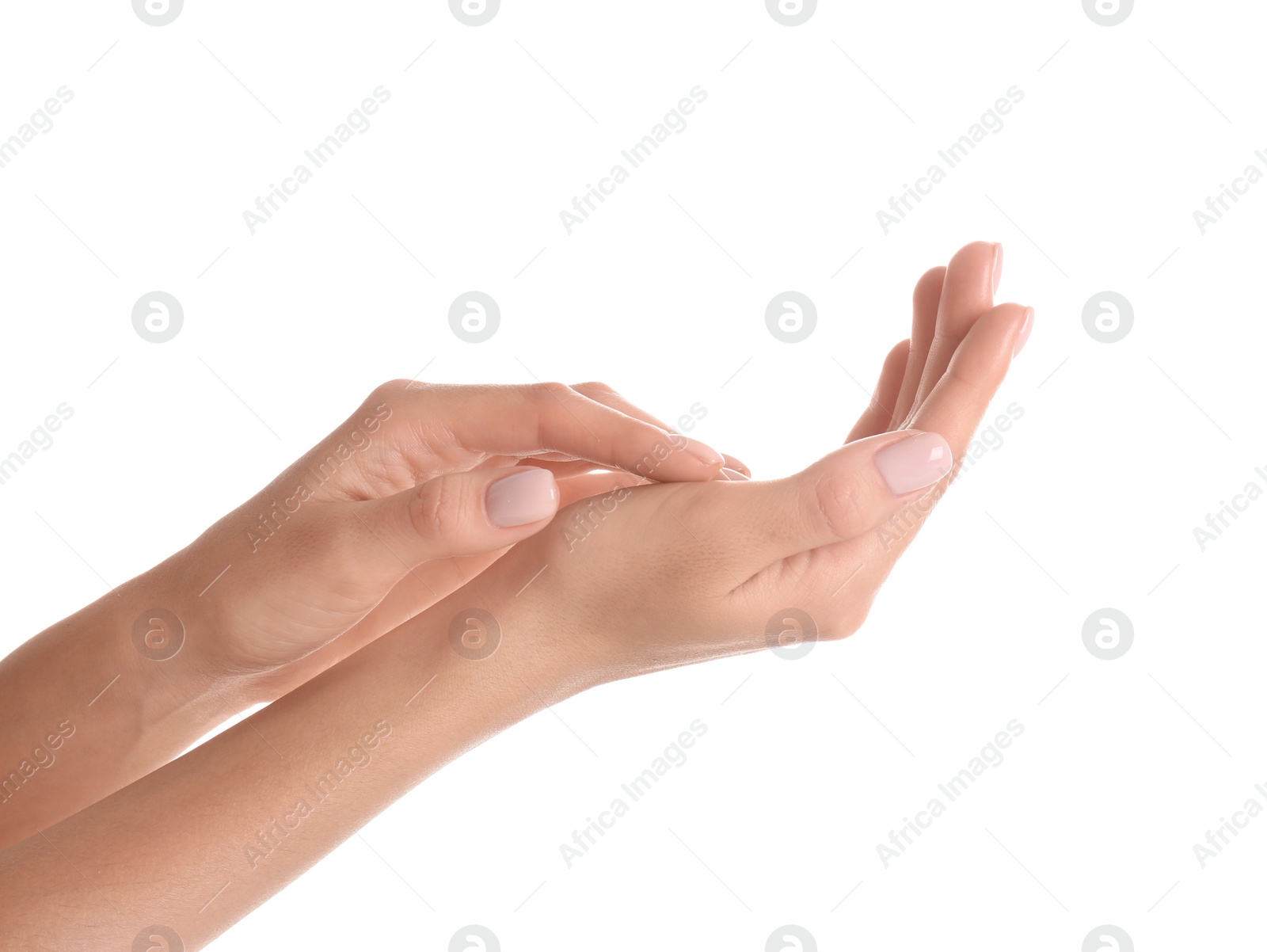 Photo of Woman with beautiful hands on white background, closeup. Spa treatment