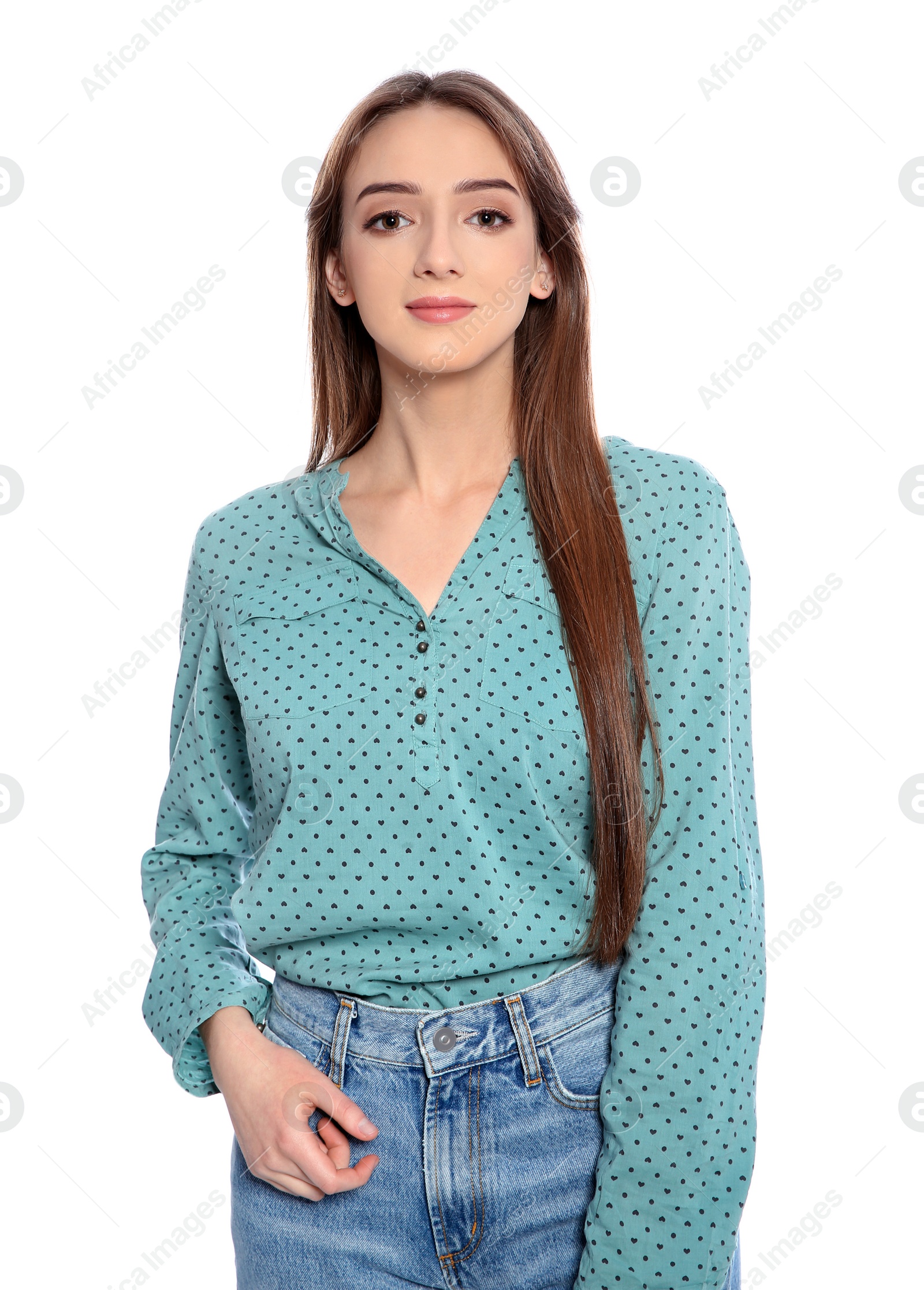 Photo of Portrait of beautiful young woman on white background