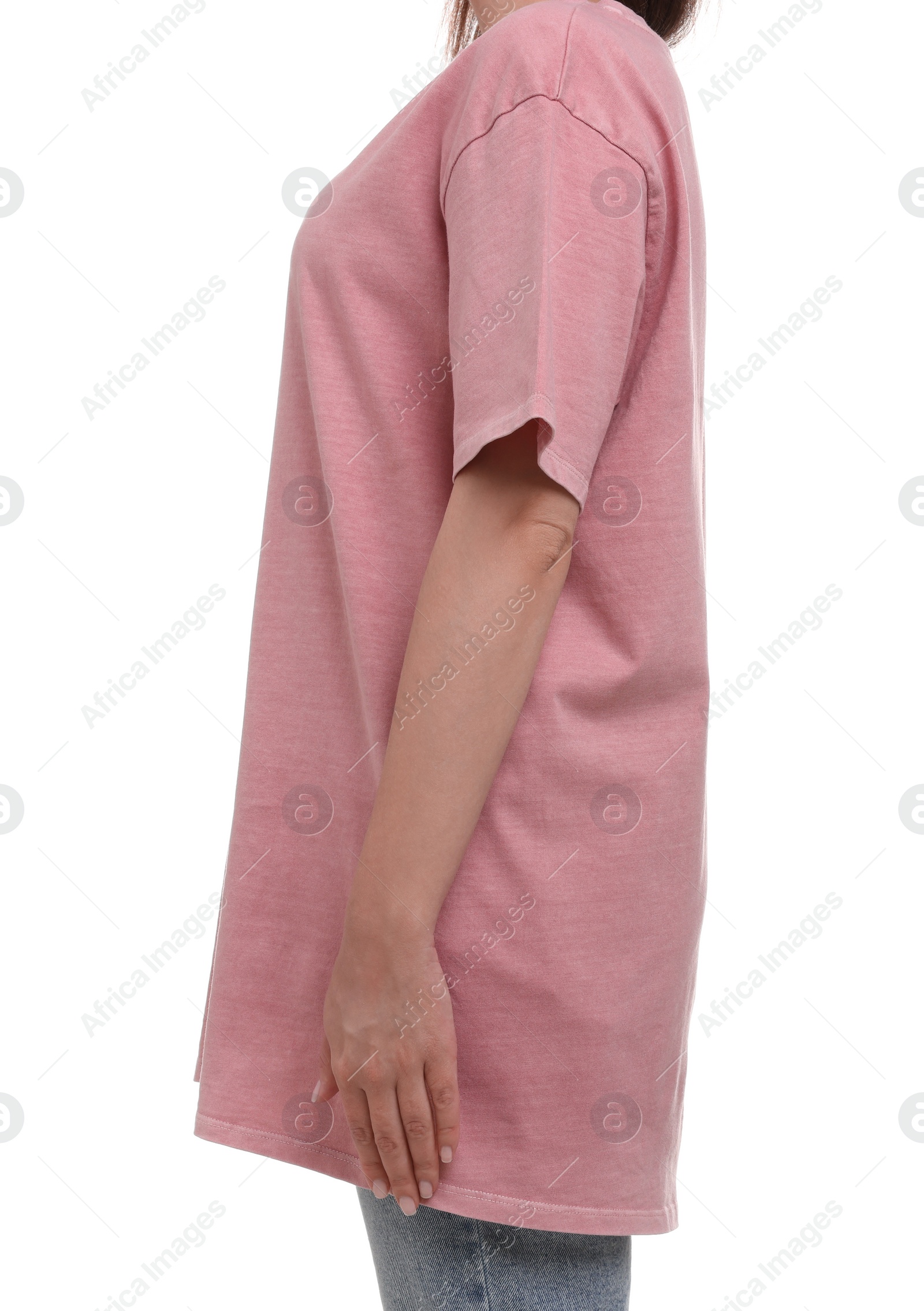 Photo of Woman in stylish pink t-shirt on white background, closeup