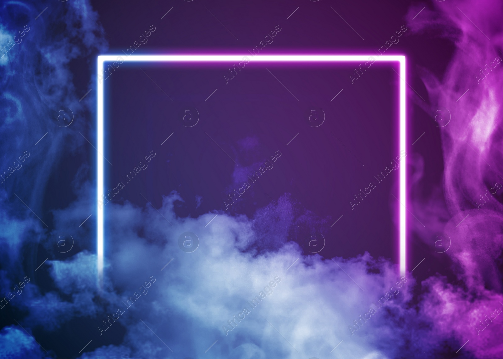 Image of Glowing pink and blue neon frame in smoke