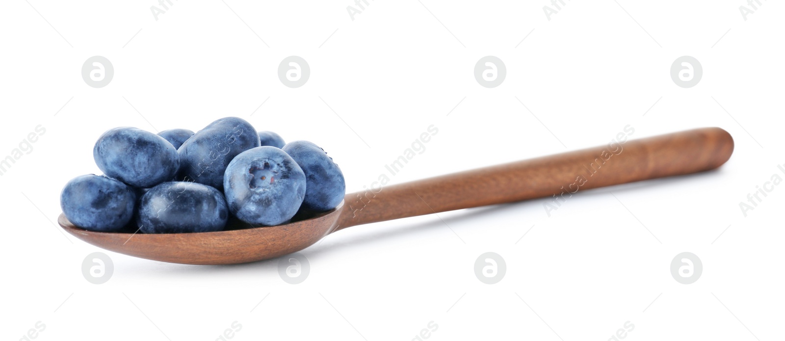 Photo of Wooden spoon full of fresh ripe blueberries on white background