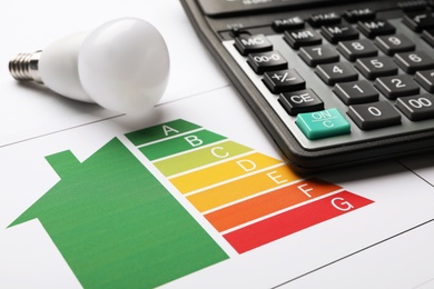Photo of Energy efficiency rating chart, LED light bulb and calculator on white background, closeup