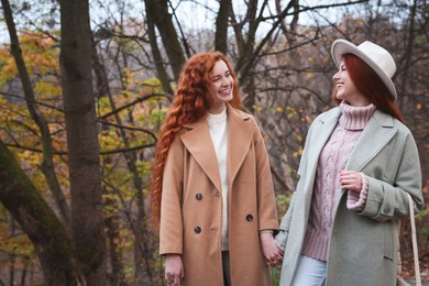 Photo of Beautiful young redhead sisters walking together in park on autumn day. Space for text