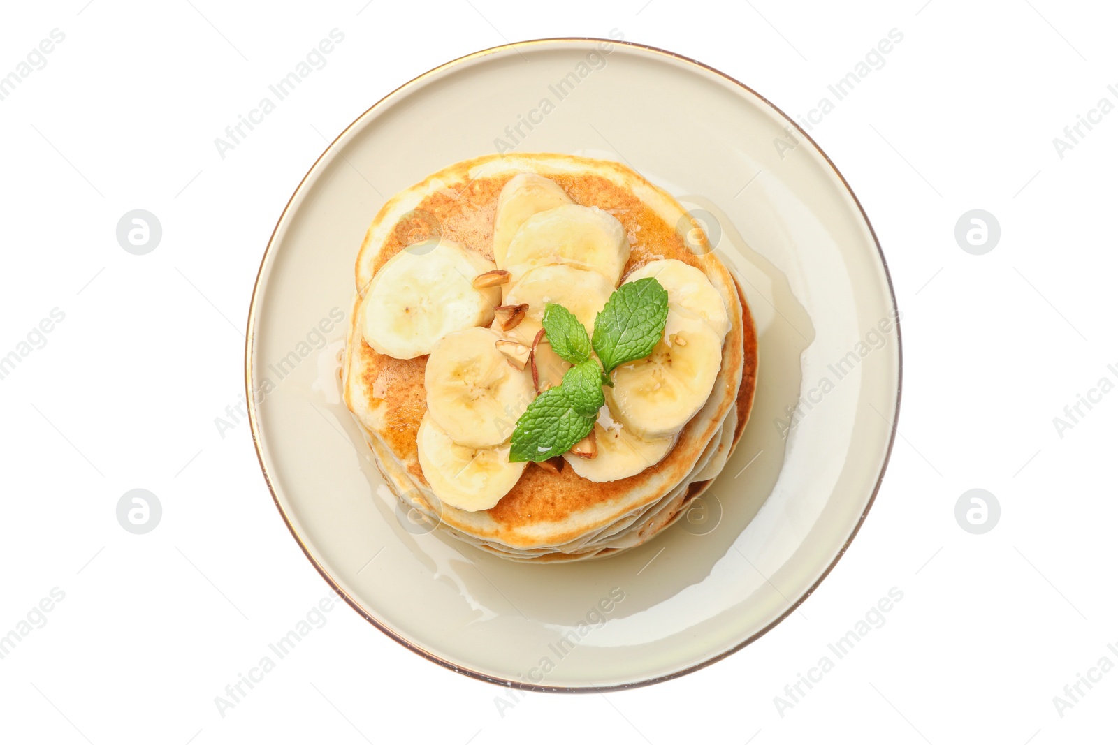 Photo of Tasty pancakes with sliced banana isolated on white, top view