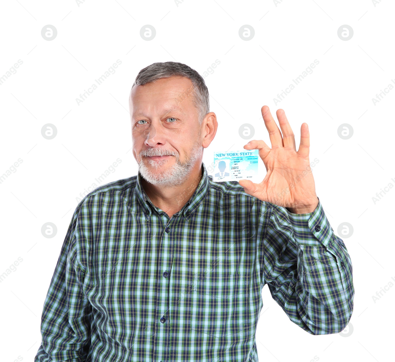 Photo of Happy mature man with driving license on white background