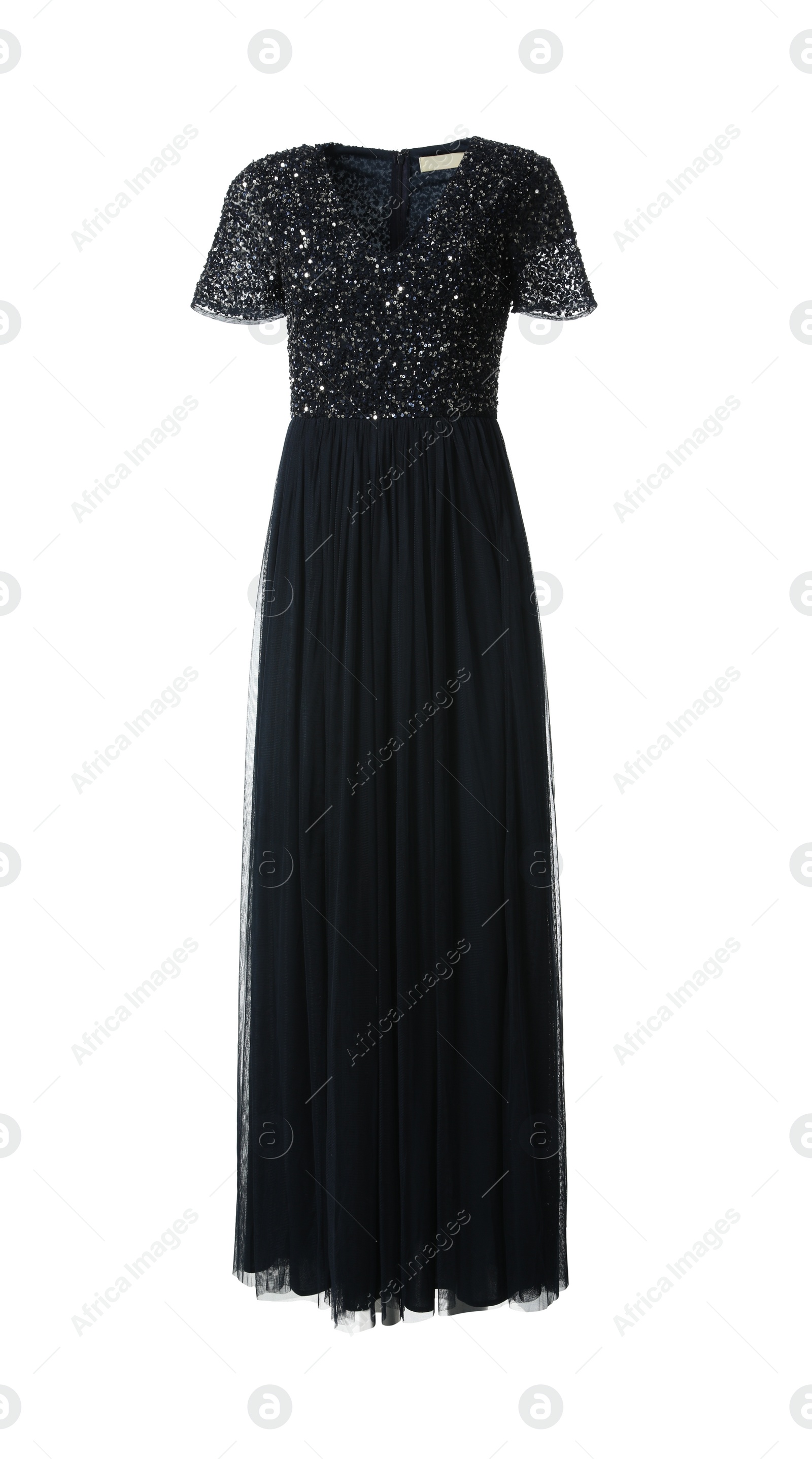 Photo of Beautiful long black party dress with paillettes on white background