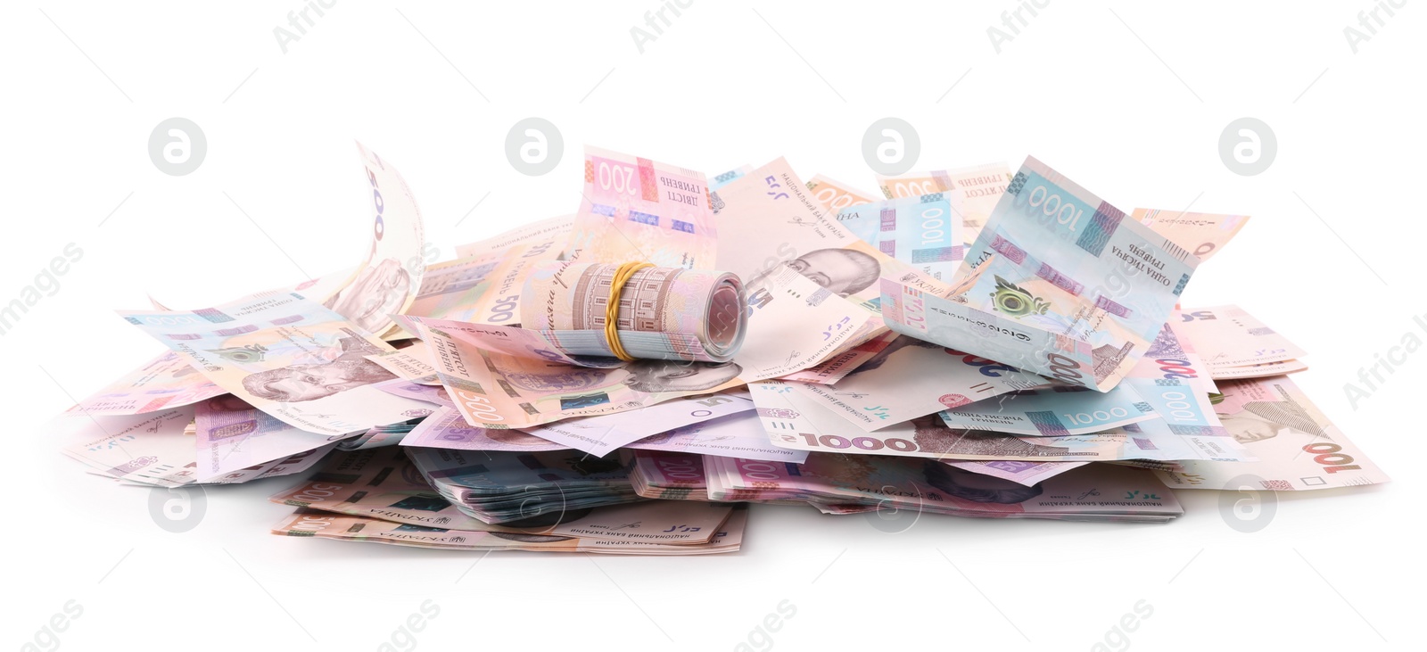 Photo of Ukrainian money on white background. National currency