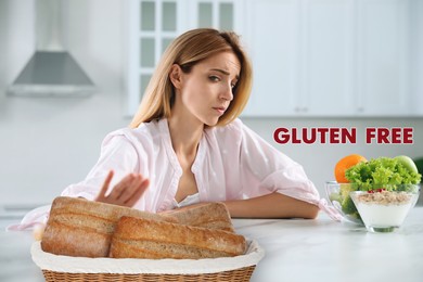 Image of Gluten free diet. Woman refusing from ciabattas in kitchen