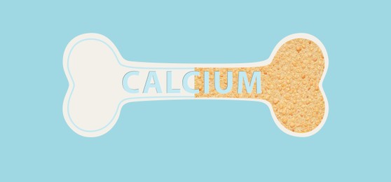 Illustration of  bone and word CALCIUM on light blue background, banner design
