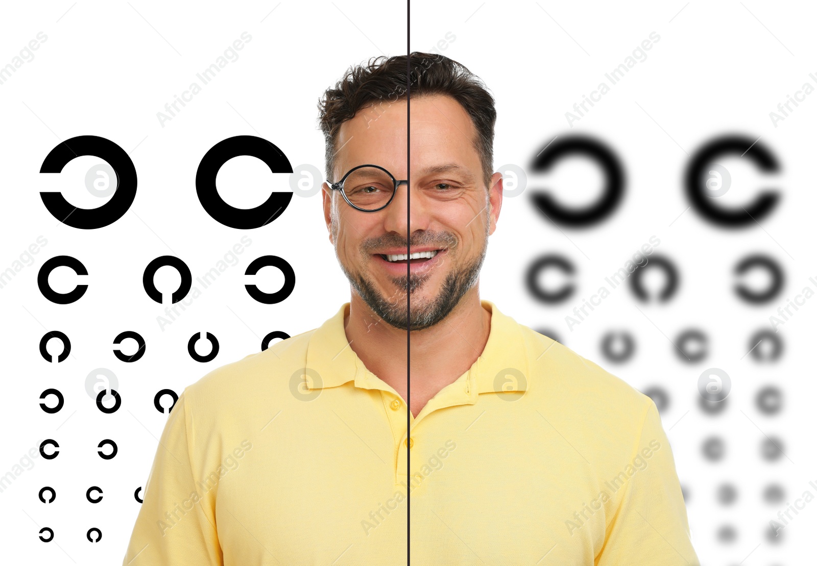 Image of Collage with photos of man with and without glasses and eye charts on white background. Visual acuity testing