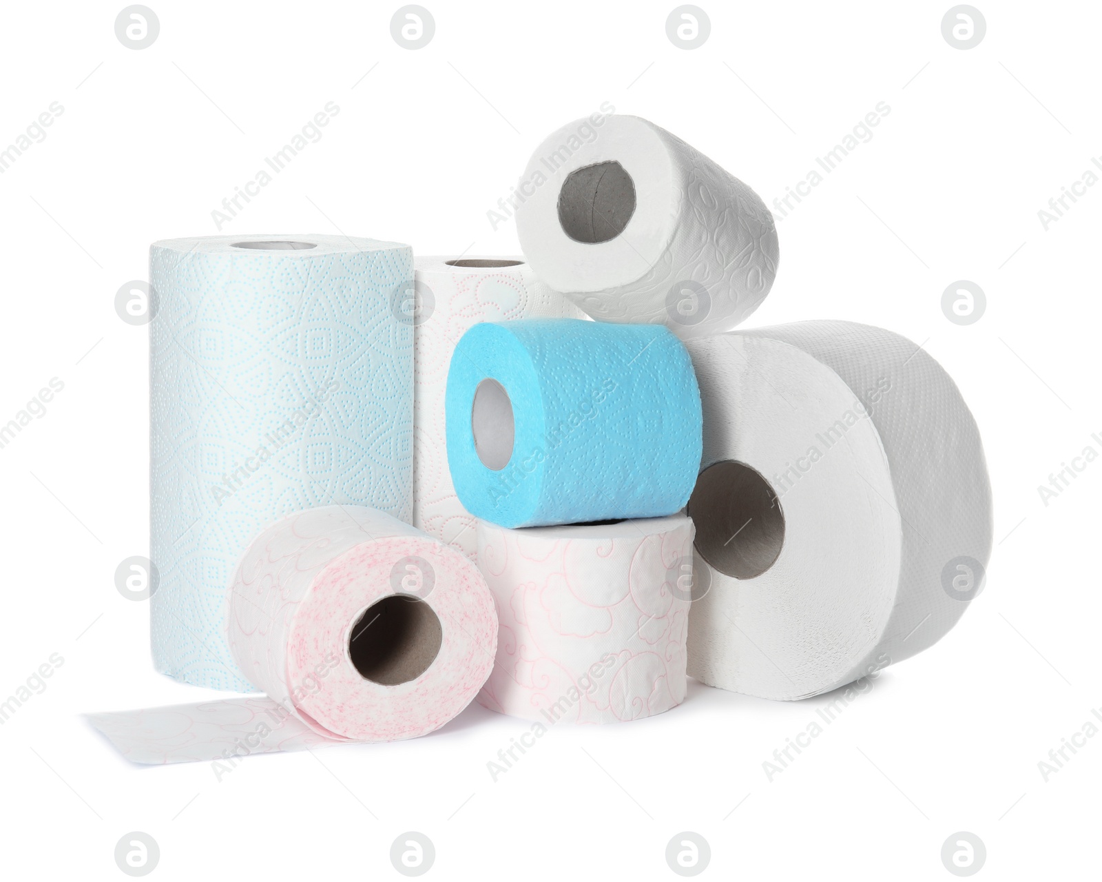 Photo of Different toilet paper rolls on white background