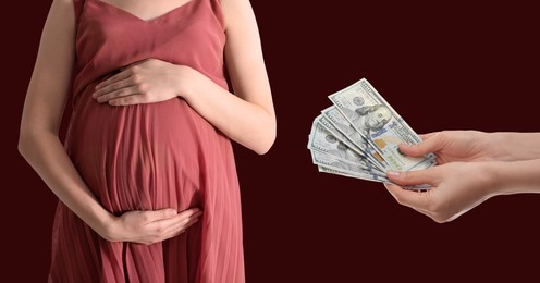 Surrogacy. Intended mother with money and pregnant woman on dark red background, closeup. Banner design