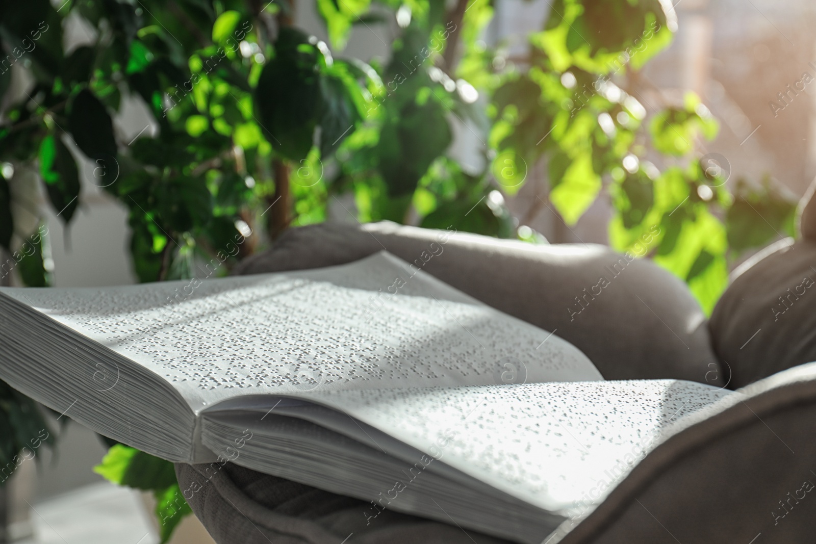 Photo of Book with Braille text on armchair, closeup. Education for blind people