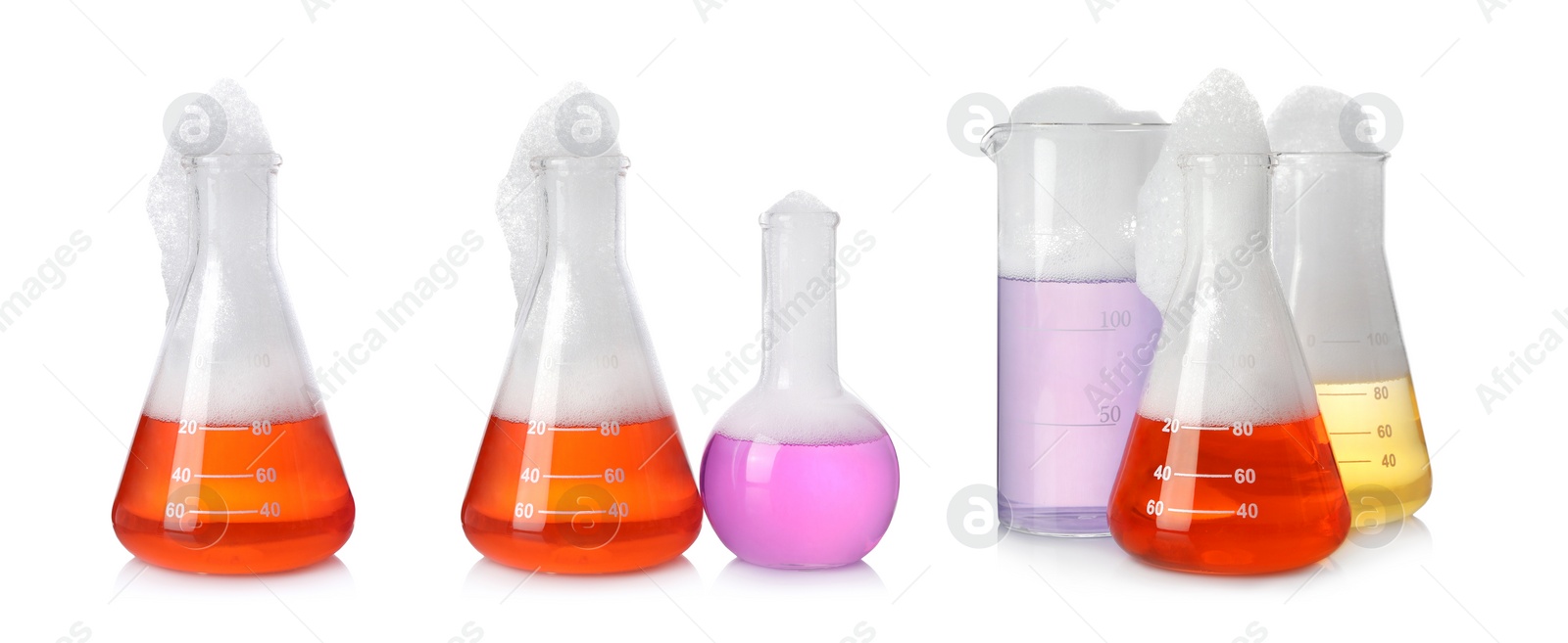 Image of Set of laboratory flasks and beaker with colorful liquids on white background. Chemical reaction