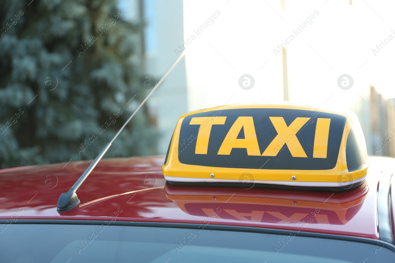 Photo of Roof light with word TAXI on car outdoors