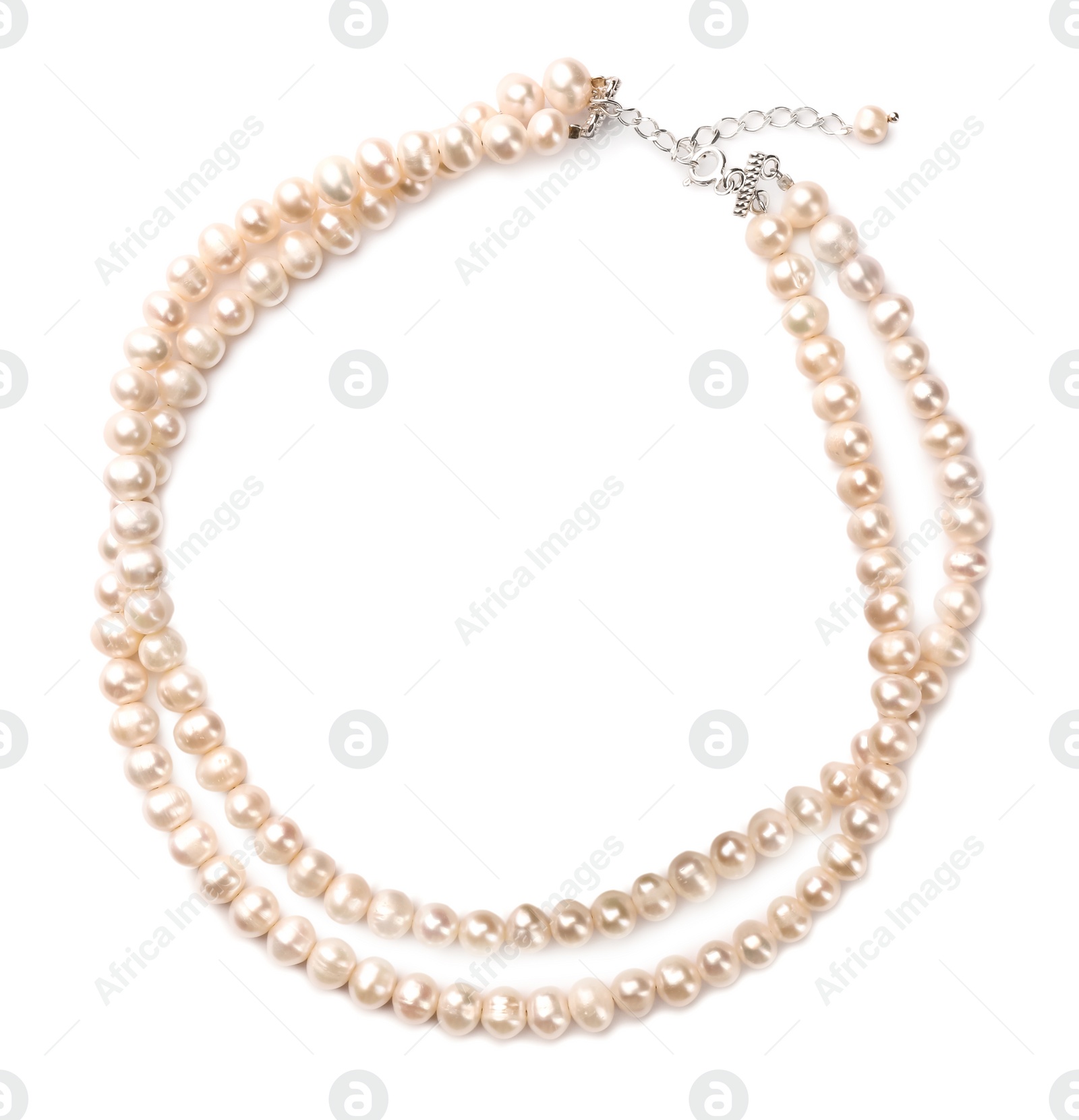 Photo of Elegant pearl necklace isolated on white, top view