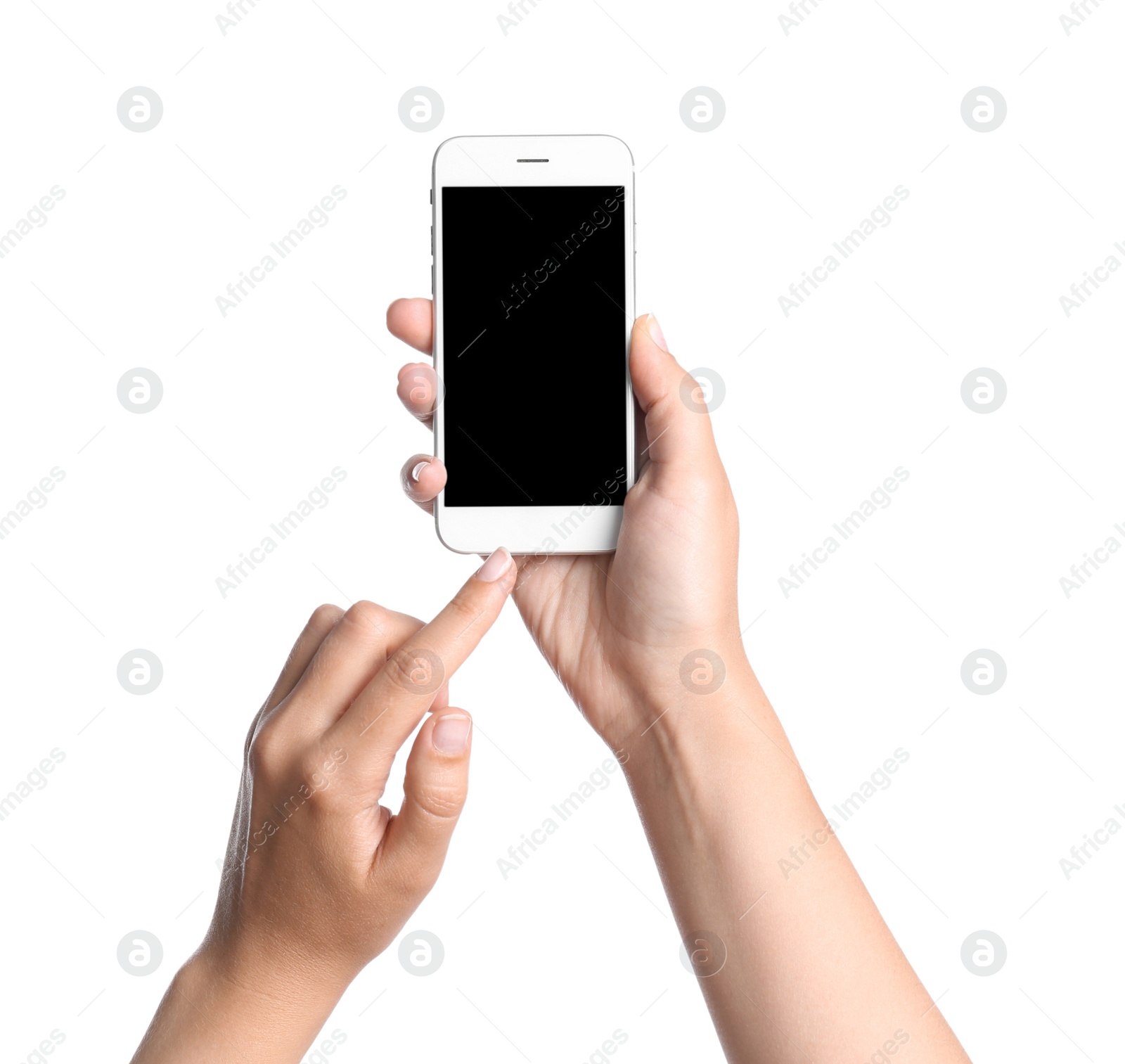 Photo of Young woman holding mobile phone with blank screen in hands on white background