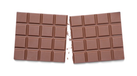 Pieces of tasty milk chocolate bar isolated on white, top view