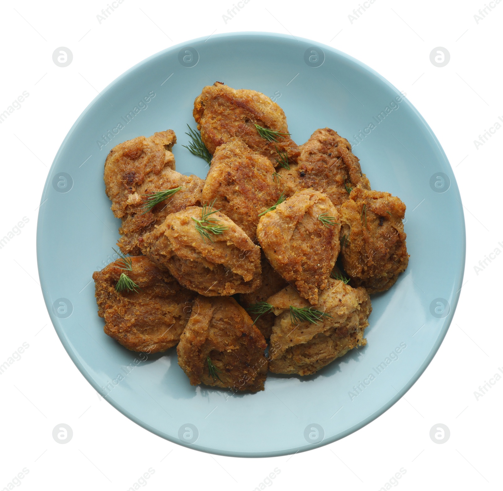 Photo of Delicious cooked soy meat with dill on white background, top view