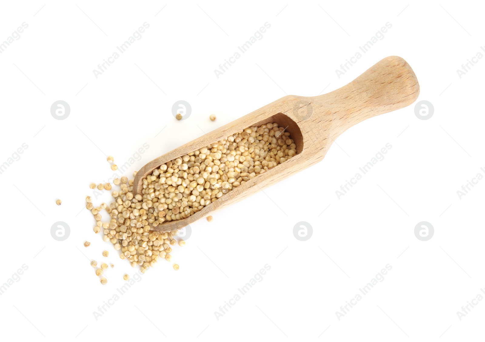 Photo of Wooden scoop with quinoa on white background, top view
