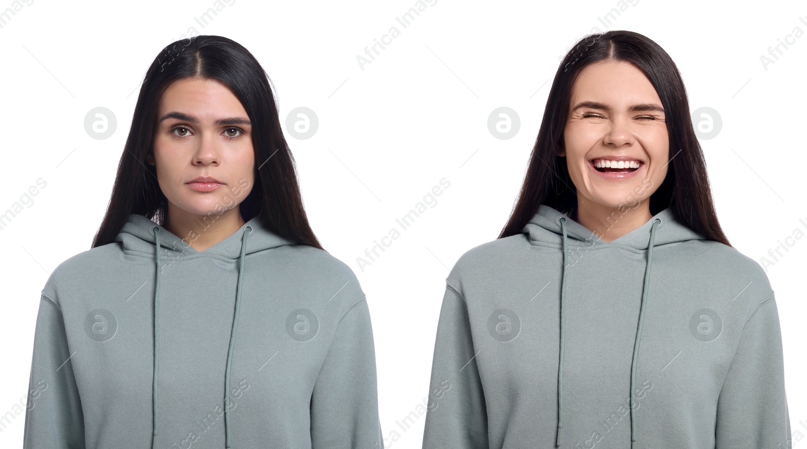 Image of Woman showing different emotions on white background, collage