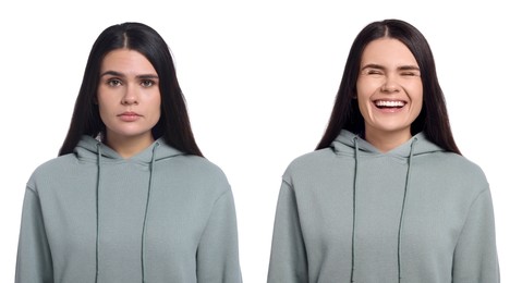 Image of Woman showing different emotions on white background, collage