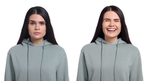 Woman showing different emotions on white background, collage