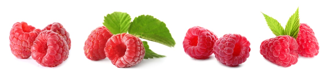 Image of Set of fresh ripe raspberries with green leaves on white background. Banner design