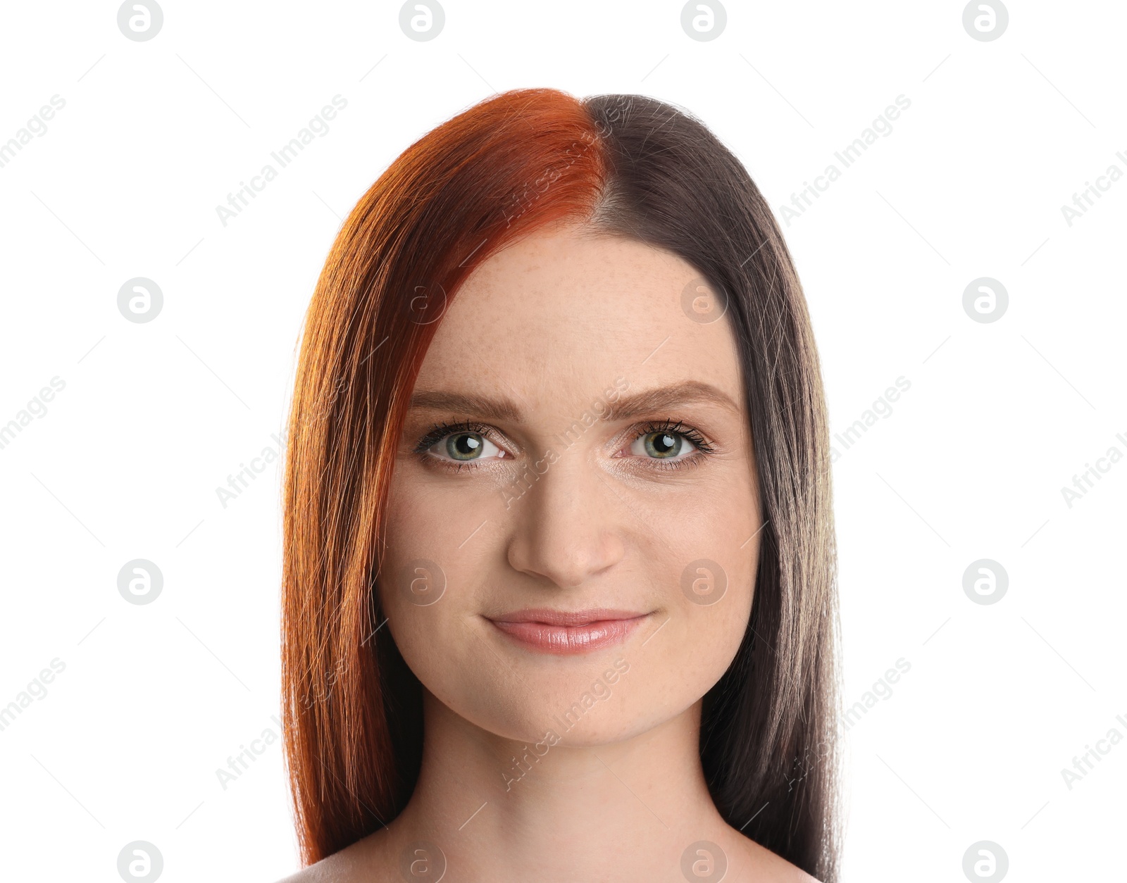 Image of Beautiful young woman before and after hair dyeing on white background 