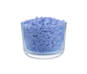 Glass container of blue sea salt isolated on white