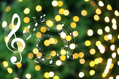 Image of Music notes on blurred background, bokeh effect. Christmas and New Year melody